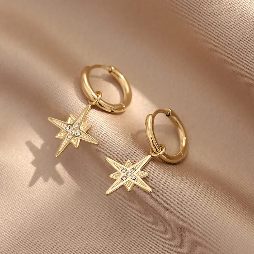 Gold Plated Stars Earring Hoops, Star Earrings Gold Plated Dangle Earrings Star
