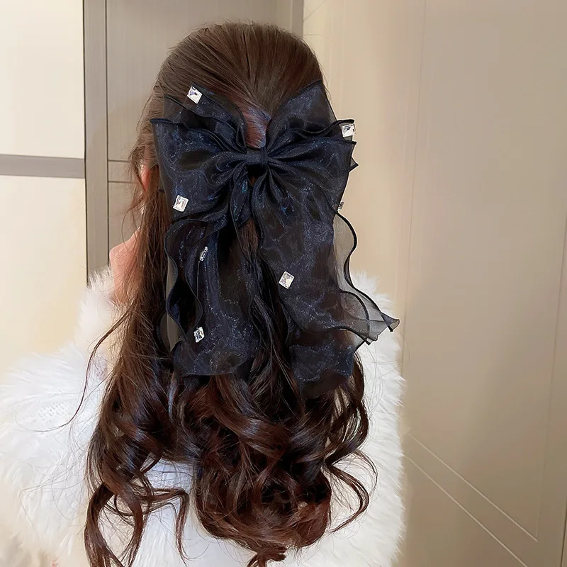 Newest Design Fashion Mesh Large Bow Diamond Ribbon Metal Word Clip Back Head Spring Hair Claw Clips For Women