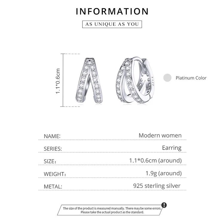 Spanish 925 Sterling Silver Modern Stylish Zircon Crystal Double Rings Ear Buckle Earrings Hoop for Women Wedding SCE1187