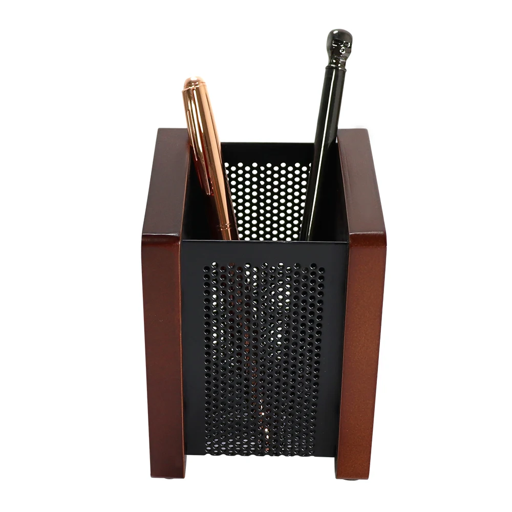 Nut brown desktop organizer wooden with mesh metal square pen holder