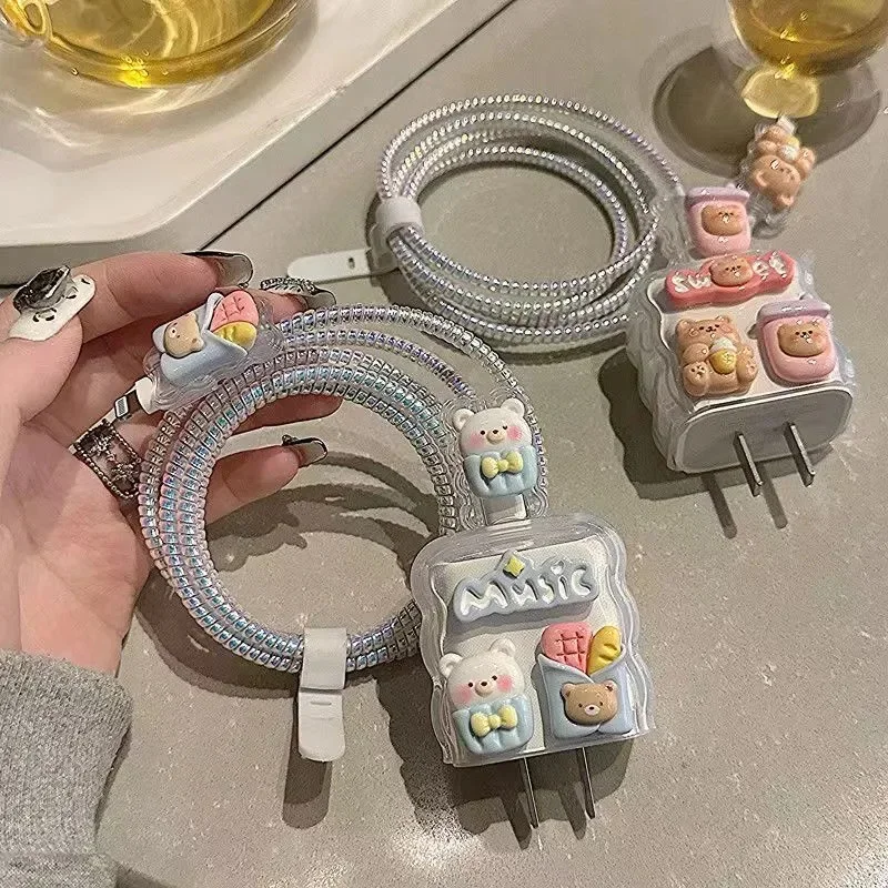 Korea Cute Bear Bread Transparent Charger Cover For IPhone 11 12 13 14 15 18W-20W Charge Protection Cover Soft Charger Sleeve