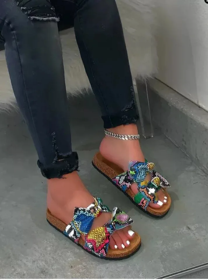 Лидер продаж, летняя женская обувь, модные сексуальные тапочки с бантом, женские милые леопардовые сандалии на плоской подошве