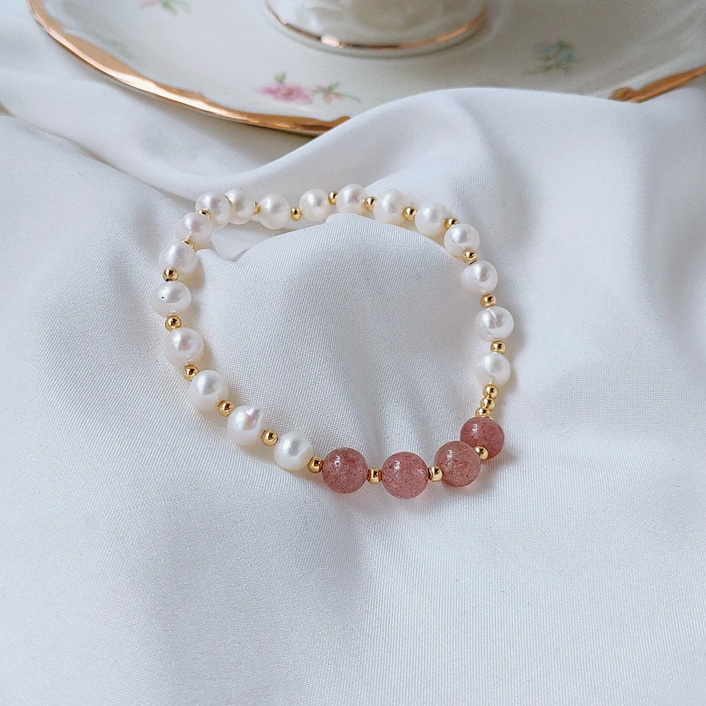 Natural fresh water pearl strawberry crystal joker elastic thread adjustable bracelet for women
