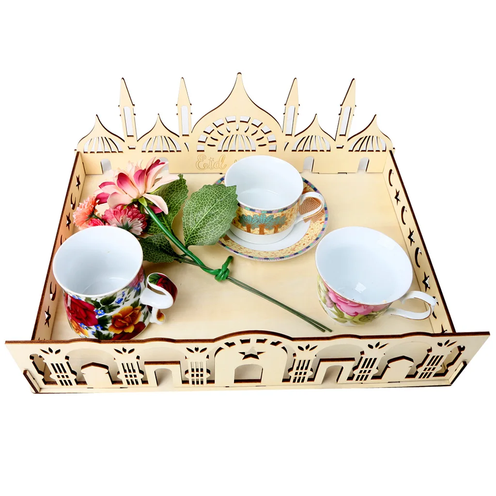 
Muslim Islamic Wooden Eid Party Food Serving Tableware Tray Ramadan Eid Mubarak Decoration 