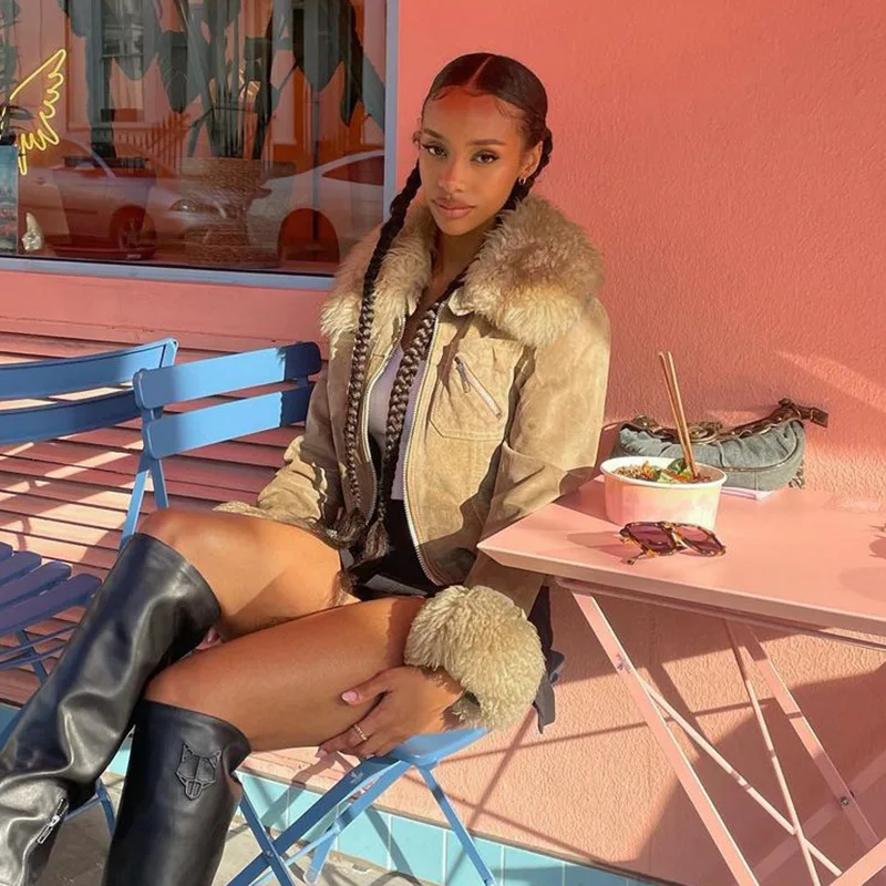 Spring high street long sleeve trend fashion fur collar suede zipper slim short coat women