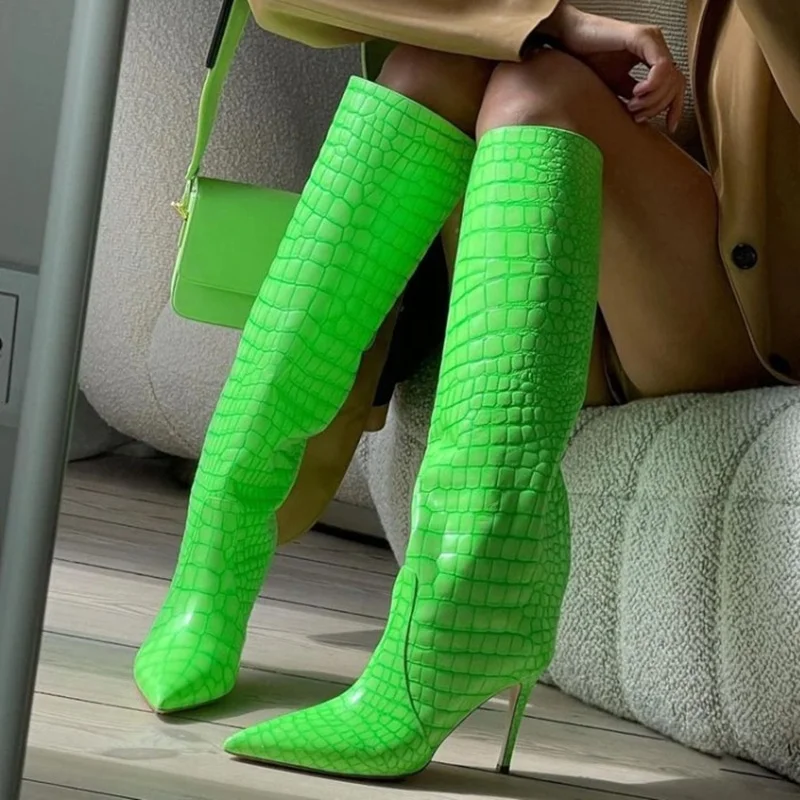 Pointy Toe Great Quality Leather Boots Fresh Green Slip-on Crocodile Print Knee High Boots for Women High Heel Size 43