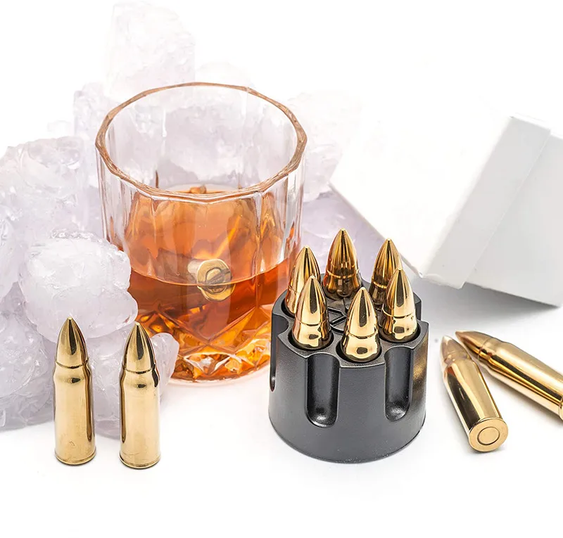 Golden Bullet Shaped food grade Stainless Steel Ice Cube 6pcs with holder base gift set- Amazon best selling whiskey stones
