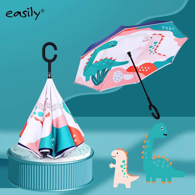 Cute cartoon animal print small reverse umbrella c shaped handle reverse compact umbrella with reflective strip for kids