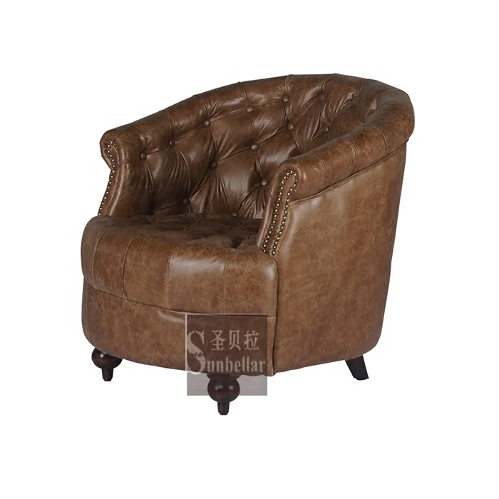 Luxury buttoned Vintage brown Leather Club Chair Hand Finished genuine leather armchair for living room hotel VIP guest room