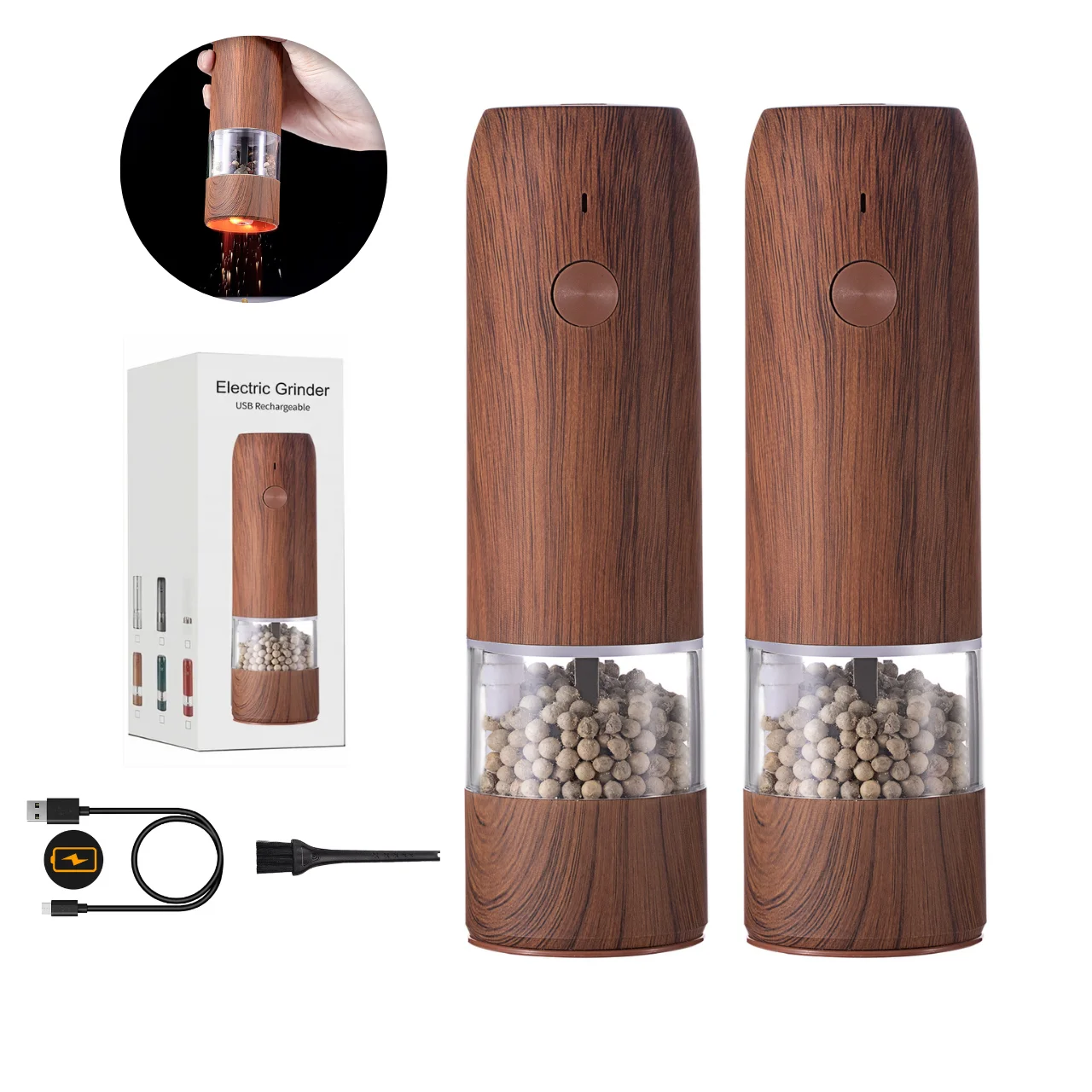 Wooden Pepper Mill Cooking Seasoning Spices Electric Sea Salt and Pepper Grinder Set