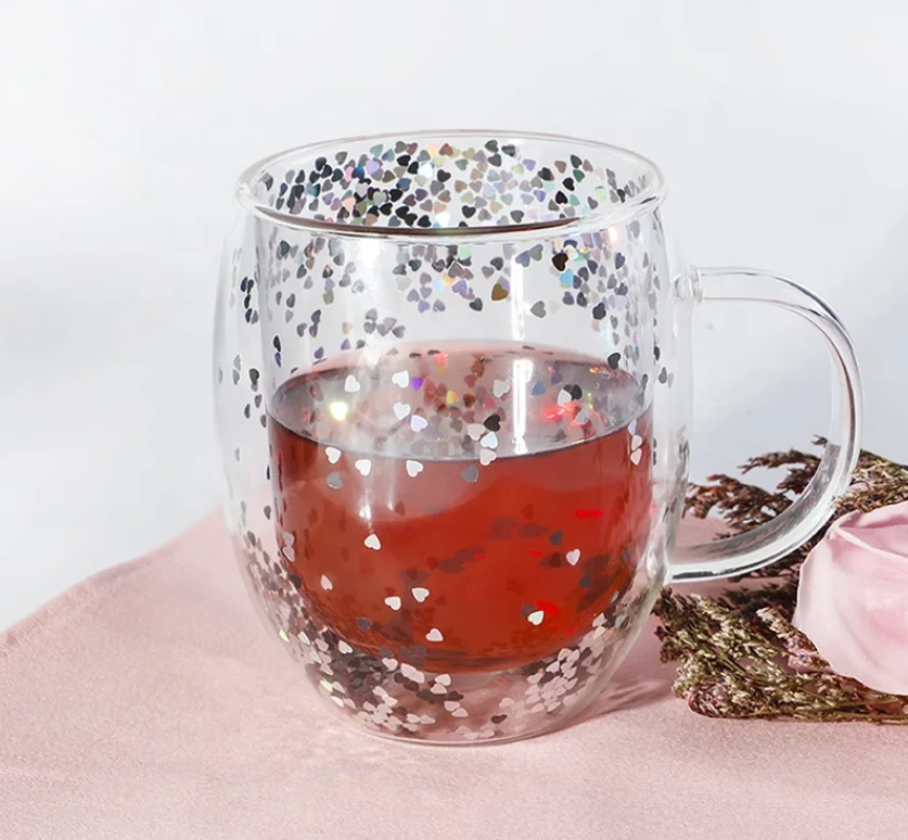 Hot Sales Insulated Sparking Star Double Wall Coffee Tea Mug Glass Cup with Handle