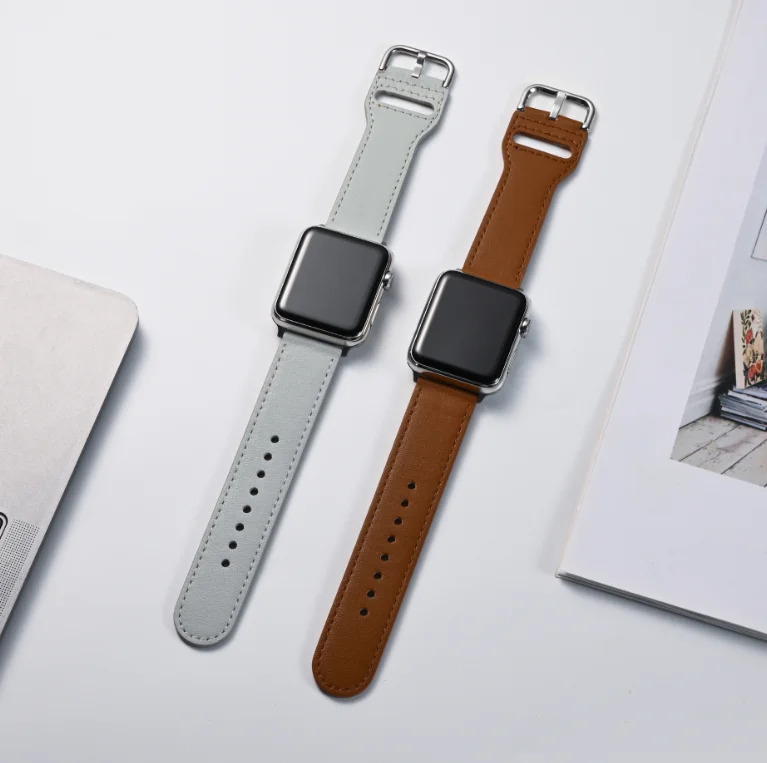 Кожаный ремешок для часов Apple Watch с квадратной пряжкой однотонный кожаный