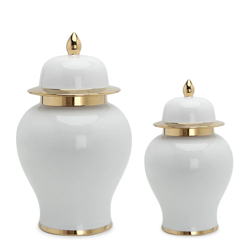 Оптовая продажа, большая декоративная белая и Золотая банка имбиря для дома и отеля, керамическая ваза с крышкой