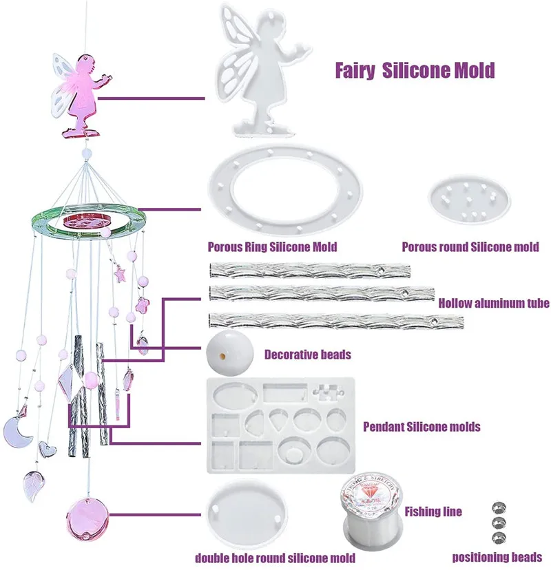 Hot Sells Wind Chimes Resin Molds Silicone Kit Bundle, Fairy Wind Chimes Molds for Epoxy Resin Wind-Bell Decorations