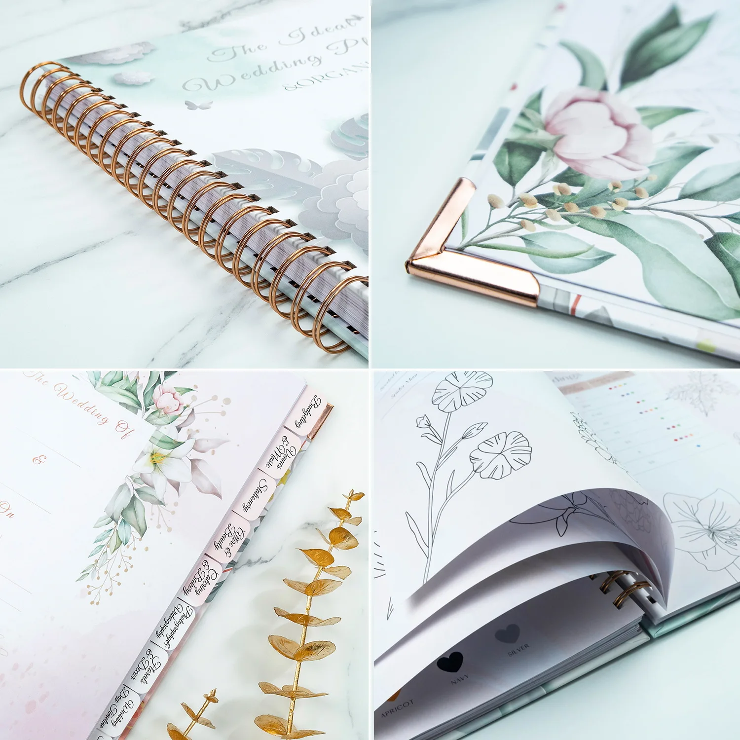 Hot 10 Themes Loose Leaf Gold Stamping Rose Metal Edges Hot Wedding Book A4 Planner Notebook for Wedding with Tabs