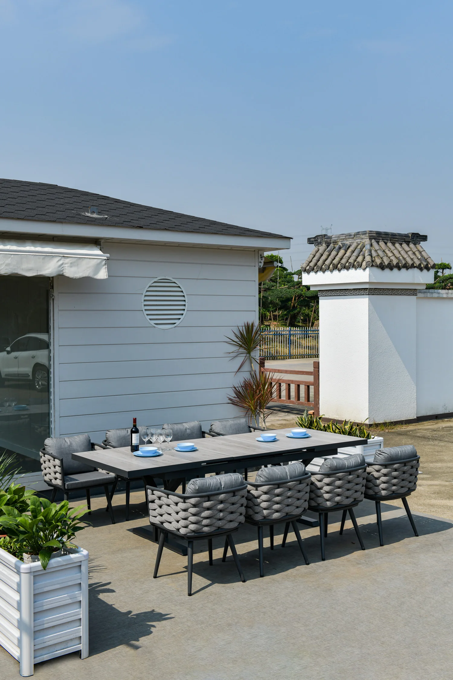 Выдвижной расширяющийся на 203-163 см 8 человек керамический верх алюминиевая рама садовый обеденный стол веревка ротанговый стул набор уличной мебели