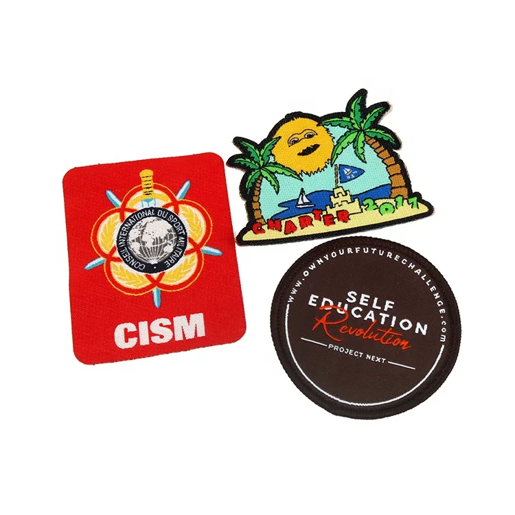 Low MOQ International Custom Brand Stick Iron on Fabric Appliques Color Woven Patch Labels for Beanies