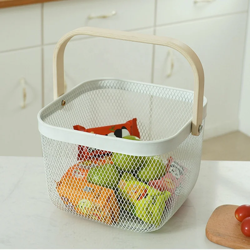Multi-Functional Metal Wire Hanging Kitchen Fruit Basket with Bamboo Handle for Kitchen storage