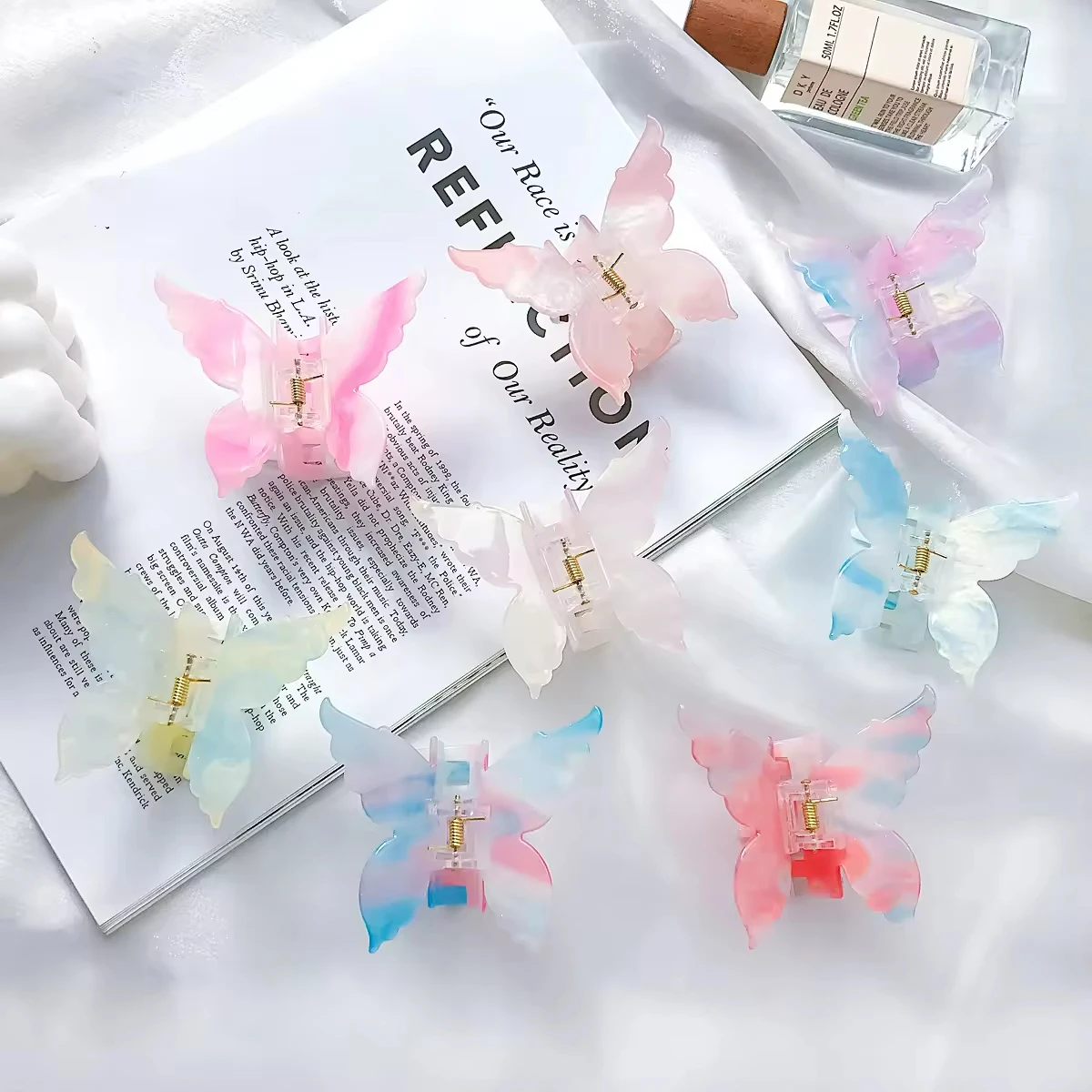 YOMO Colourful Transparent Butterfly Shape 7cm Hair Claw Clip Shark Hair Clip Acrylic Butterfly Hair Claw Clips For Women