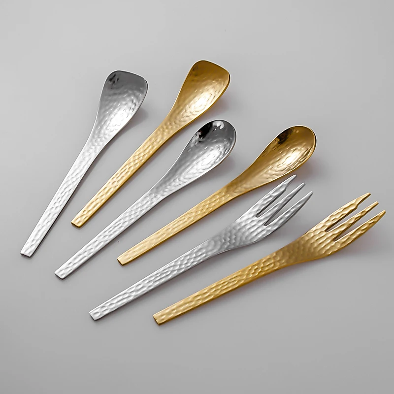 304 Stainless Steel Household Spoon Coffee Modern Simple Hammer Point Pattern Fruit Fork Cake Set Wholesale