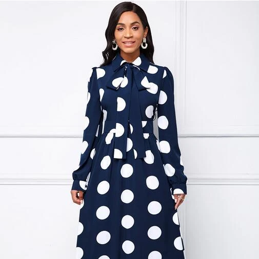 Autumn apparel new retro blue big polka dot temperament long-sleeved lapel polka dot print cotton dress with 	 bluey clothes