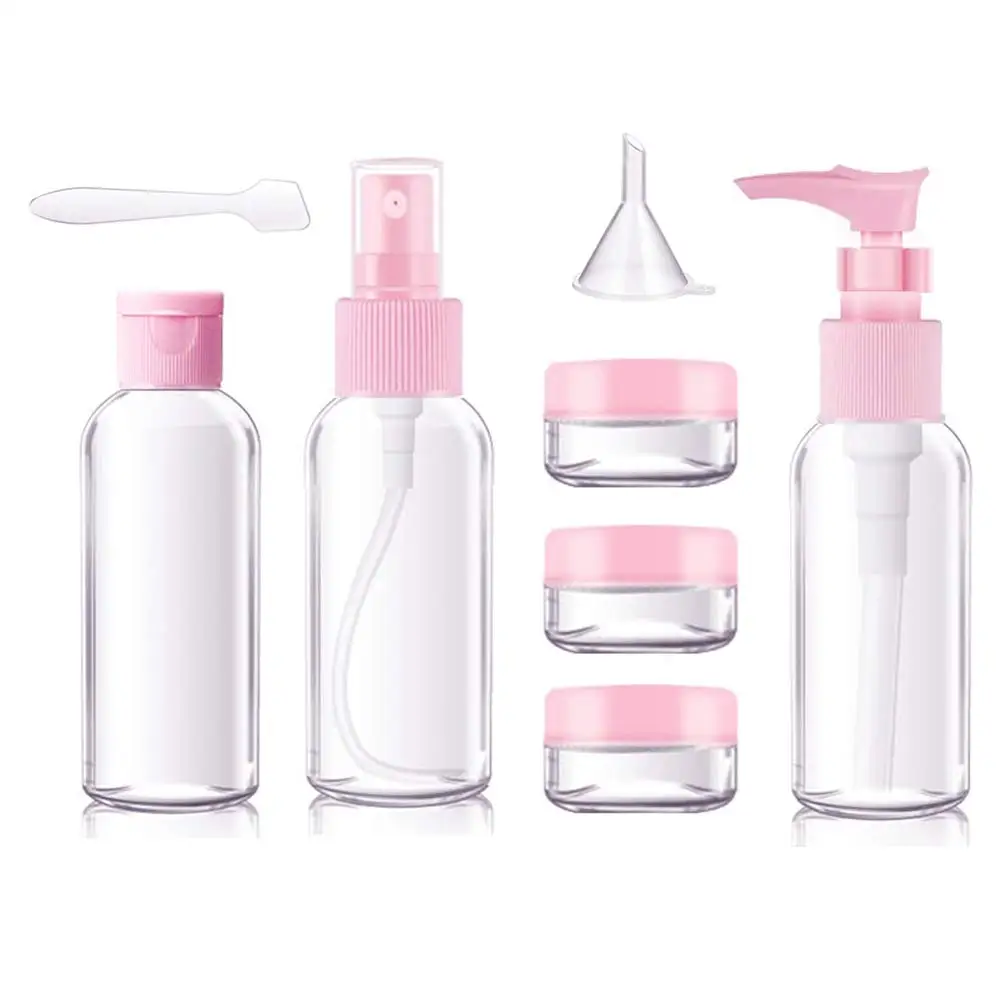 Wholesale transparent PET plastic spray travel bottles set pack 7 pieces cosmetic