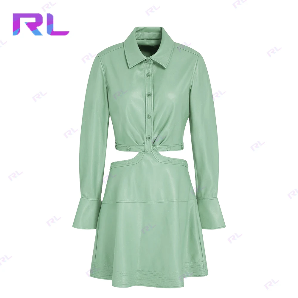 Long Sleeve Autumn Women Streetwear Clothing cutout twisted faux leather mini shirt dress 2 Piece Skirt Set Women Dress Set