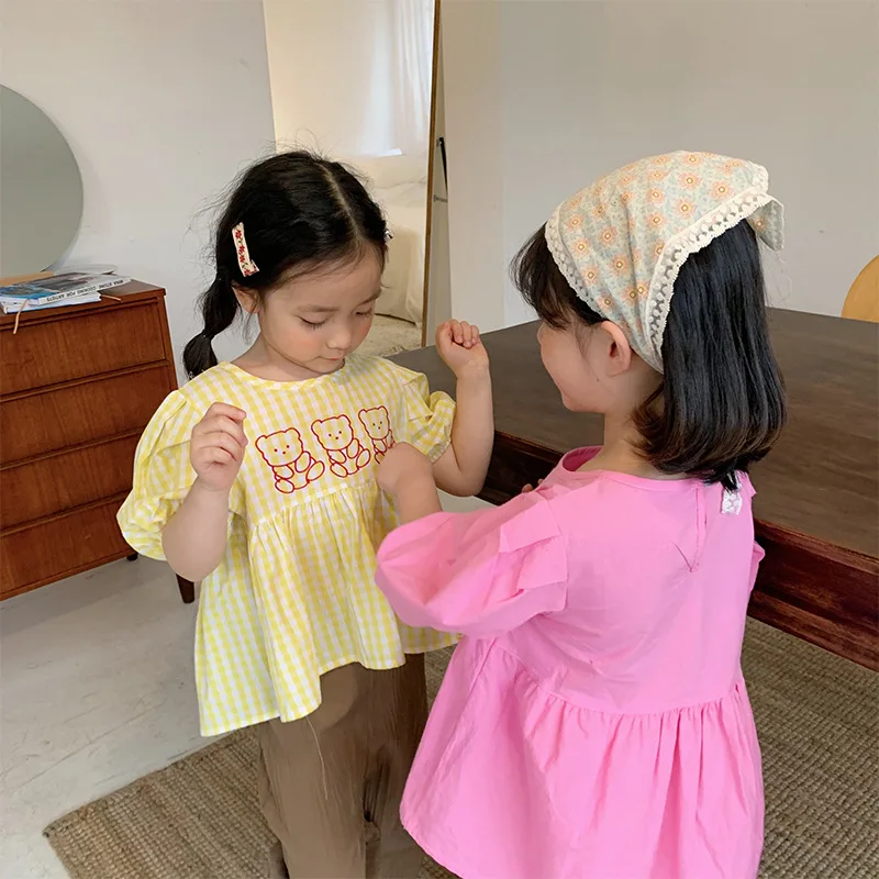 
Wholesale ready to ship kids shirt cartoon bear top baby cotton shirt for toddler girls LP026 