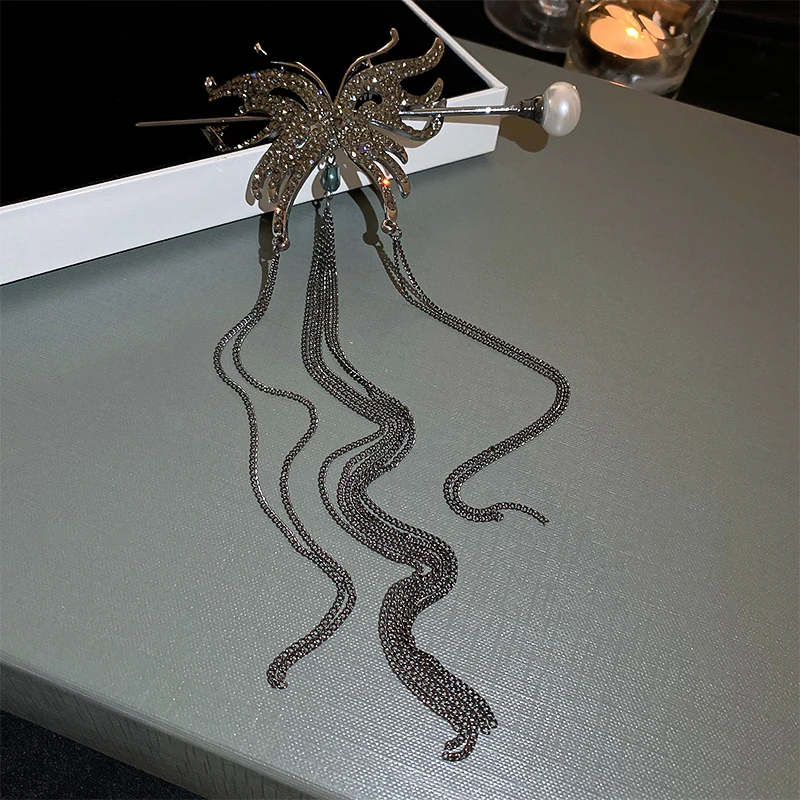 fashion quality long chain tassel butterfly crystal hairpins