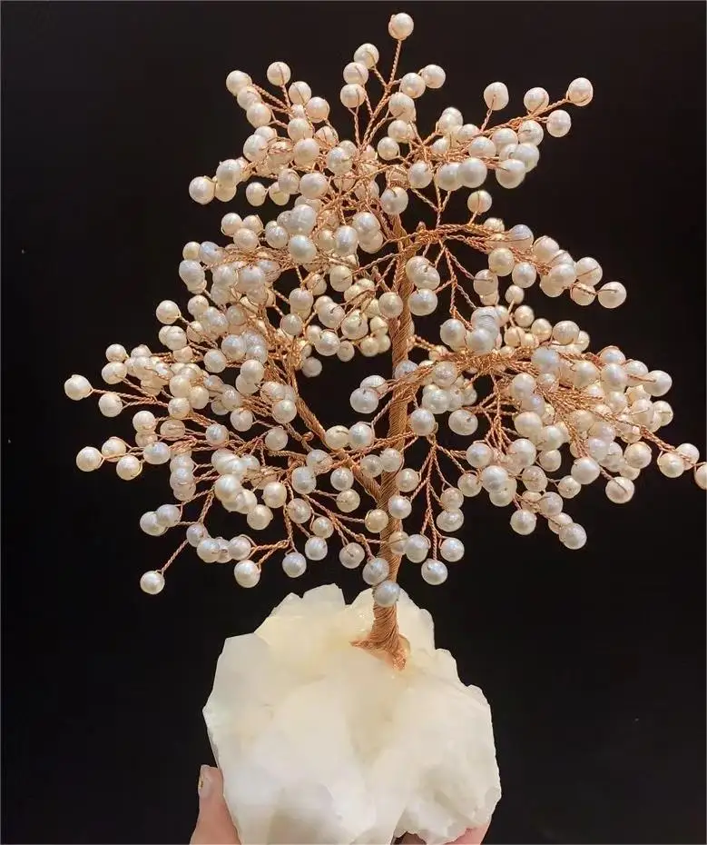 BD-  C1726  White drusy quartz base natural stone trees   10*12cm  pink tourmaline green aventurine pearl tree   wire wrap