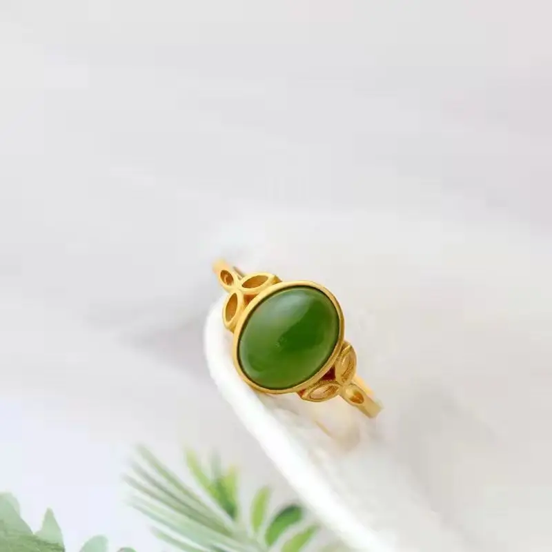 Wholesale Chinese Style Imitation Hetian Jade Green Jasper Electroplated Gold Ring Chinese Style Agate Jade Hotan Jade Open Ring