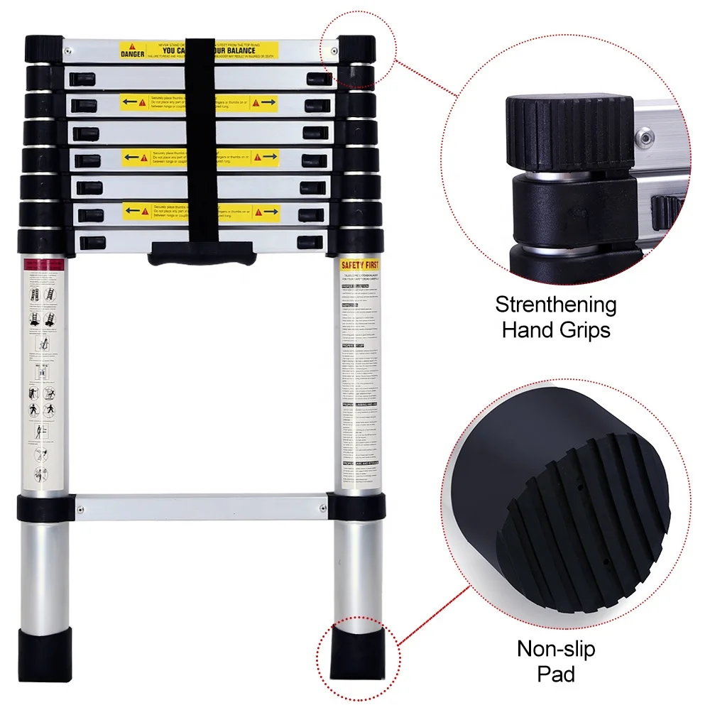 Durable EN131 Certificate 2M Length Telescopic Ladder Aluminum 550LBS Capacity Extension Multi-Purpose Folding Ladder