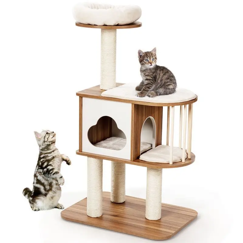 Wholesale customized cute fashion beige luxury  indoor tree tower houses scratches climbing pet cat tree CNLF