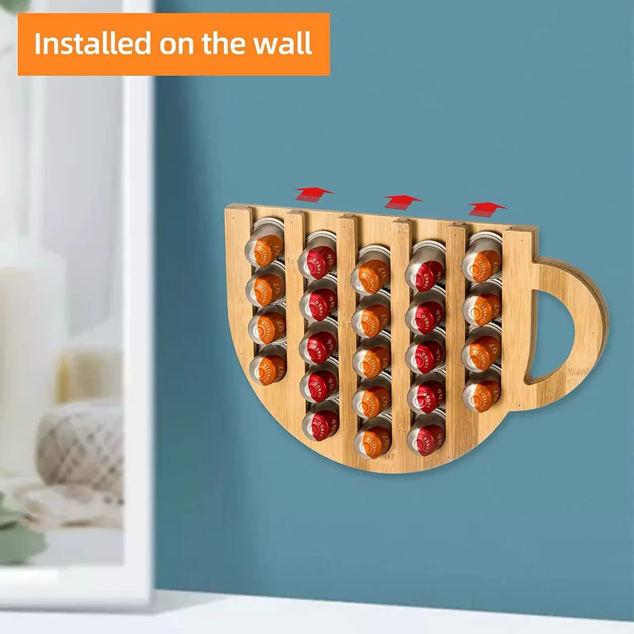 Wall Mounted Bamboo Coffee Pod Holder Organizer Wooden Storage Organizer Wall Mounted Coffee Capsules Holder for Kitchen Counter