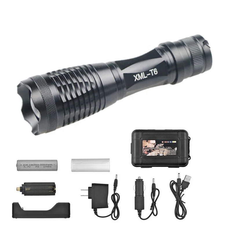 Factory wholesale Zoomable XML T6 Flashlights Zoomable Led flashlight torch light with 18650 Battery Charger set packaging box