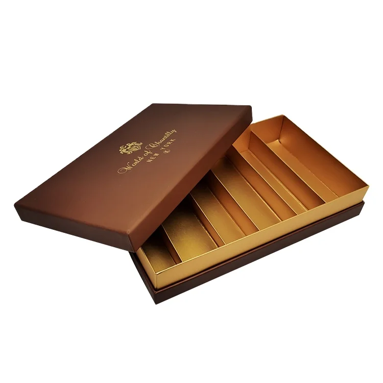 Soft Touch Paper Luxury  Custom Foil Logo Brown Color EMPTY 6 CHOCOLATE BAR Favor PACKAGING BOX WITH GOLD PAPER DIVIDER