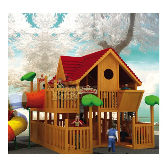 Wood playhouse Outdoor Wooden Playhouse With Slide Happy Zone for Children