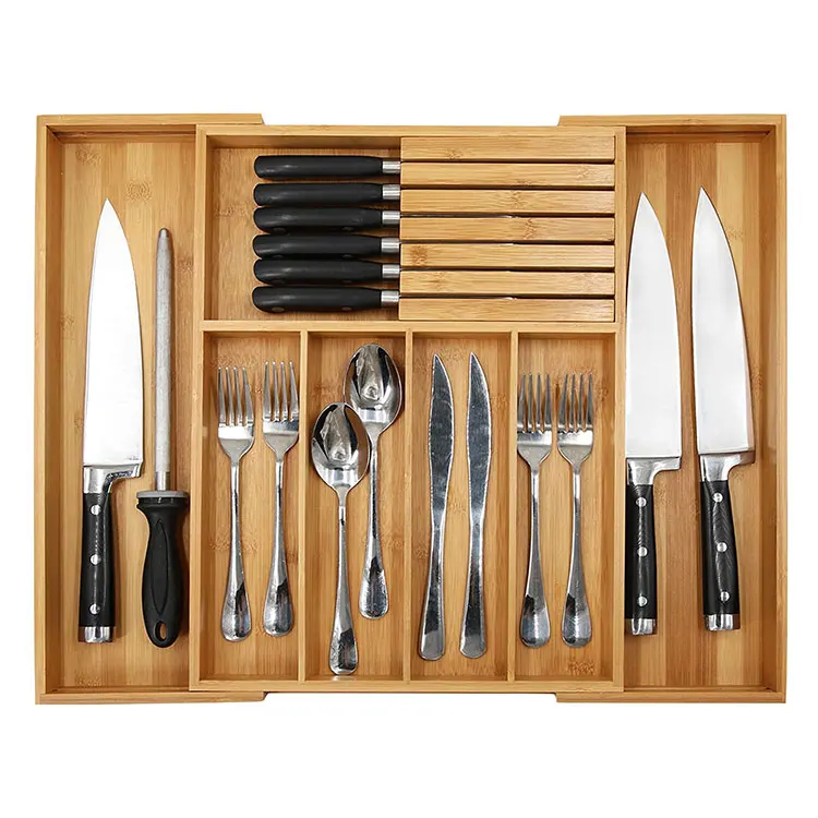 Wholesale Bamboo Utensil Cutlery Tray Scalable Drawer Organizer