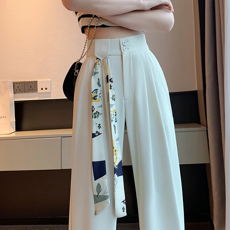 Spring Summer Women Suit Pants Sashes Casual Loose Plus Size Office Ladies Elegant Wide Leg Pants Pockets Elastic Waist Trousers