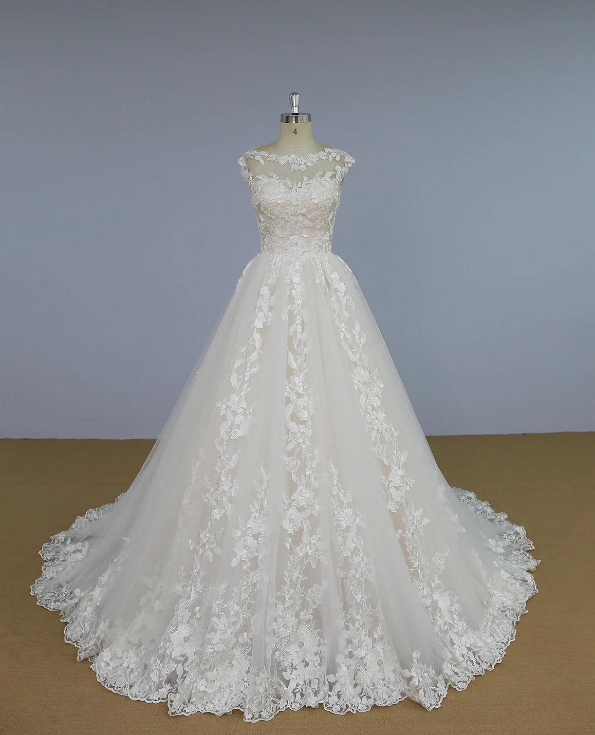Soft pink bridal dress cap sleeves beaded lace wedding dress wholesale