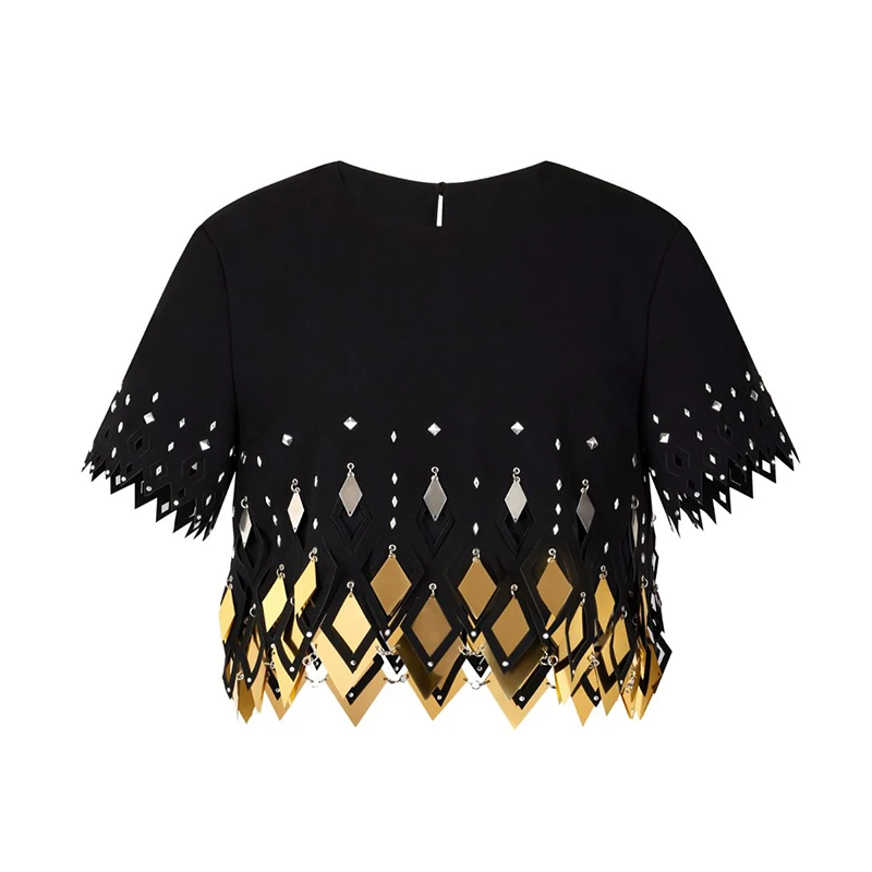 Innovative Designs Custom Rhinestone Sequin Fringe Ladies Top Hanging-details Cropped T-shirt With Metallic Hanging Pieces