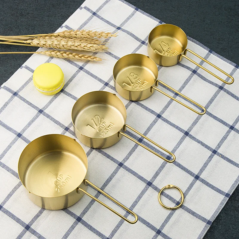 Gold Stainless Steel Measuring Cups and Spoons Set 4 Pieces Engraved Measurements Measuring Cup & Spoon