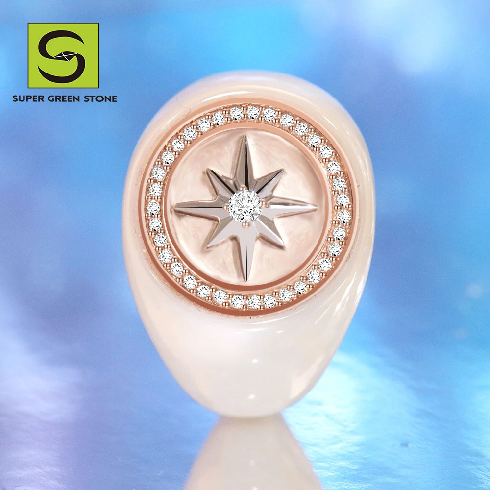 Octagram Design Dropshipping White Ceramic Rings 18K Gold Lab Grown Diamond Iced Out Jewelry Men Jewelry