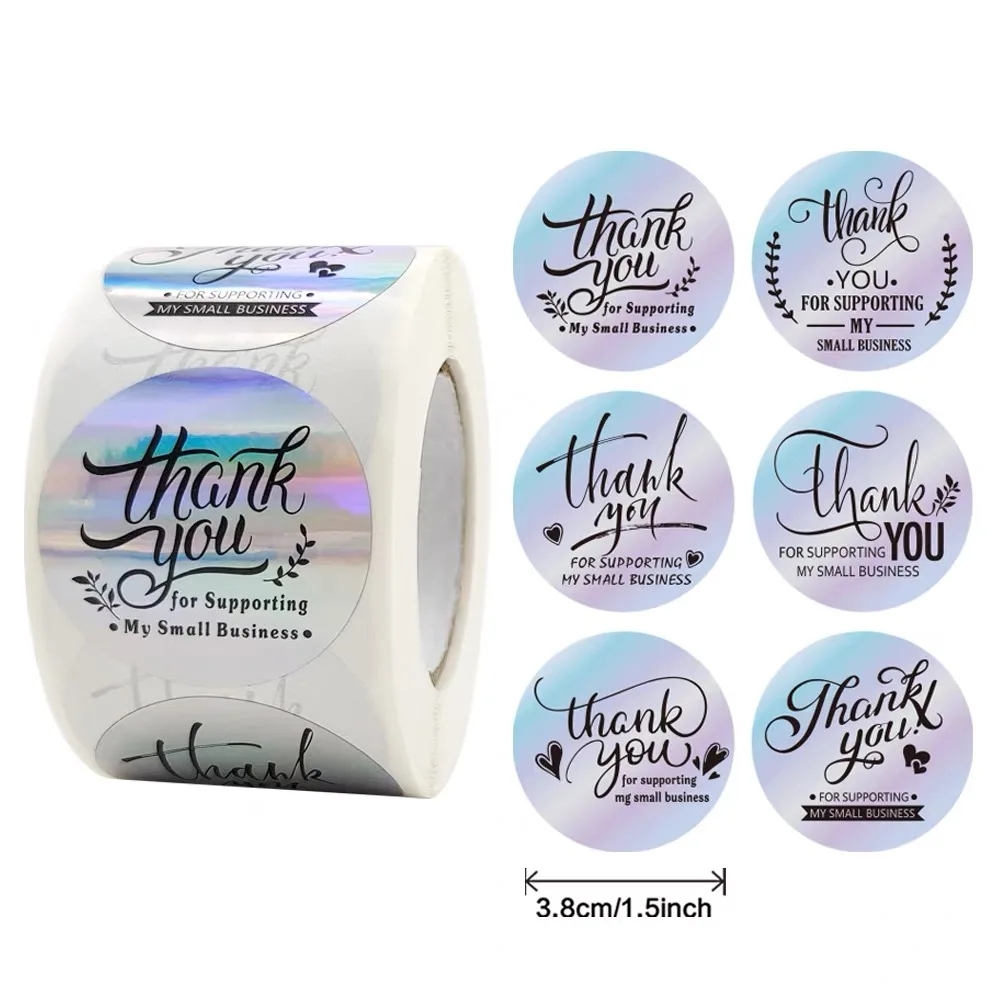 2024 New Design Large Stock of  Thank You  Sticker for Packing Round Laser Holography Sticker  Waterproof Plastic Round Sticker