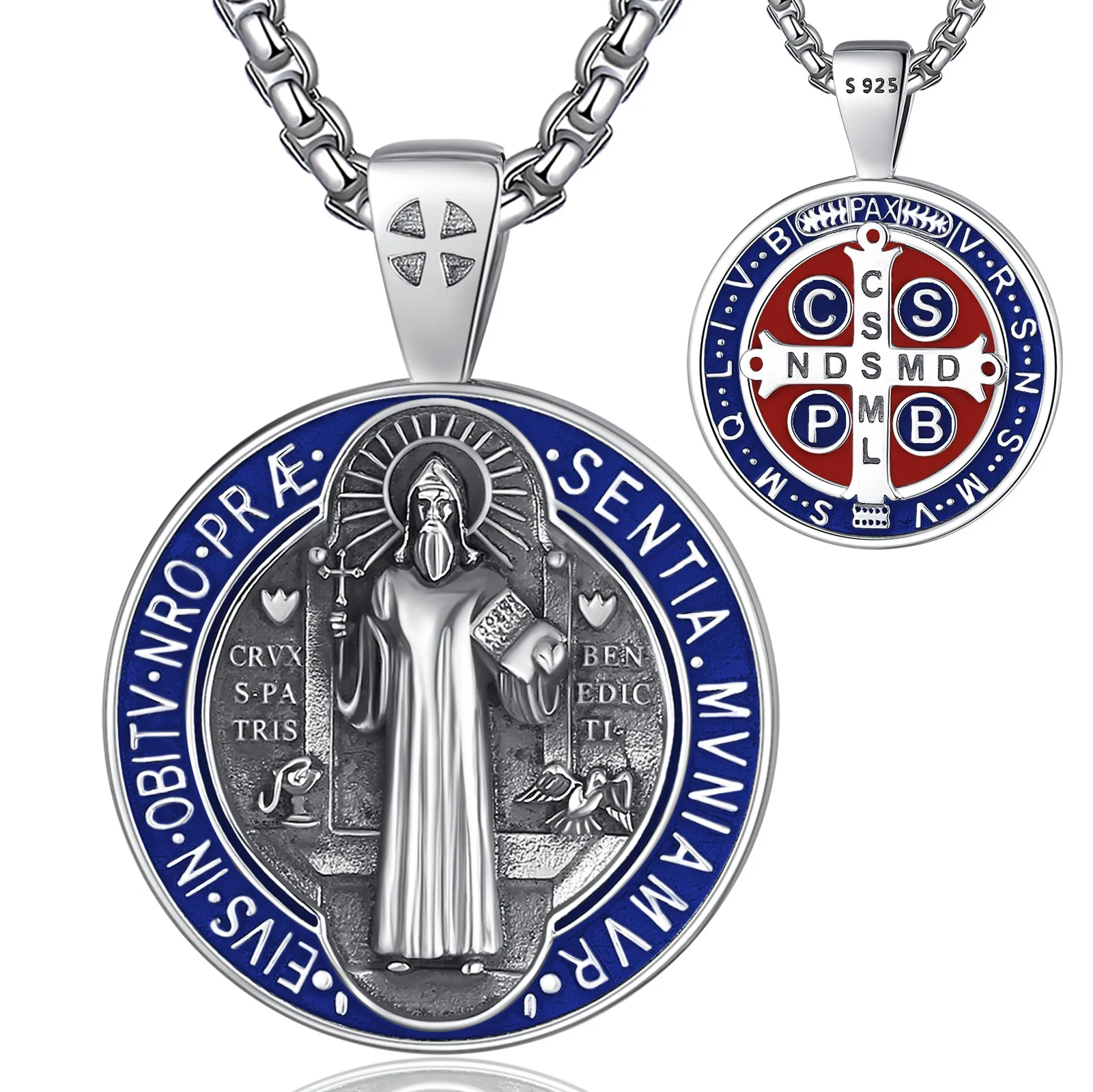 Changda blue enamel men 925 sterling silver amulet jewelry 3d religious pendant protectionsaint st benedict medal necklace