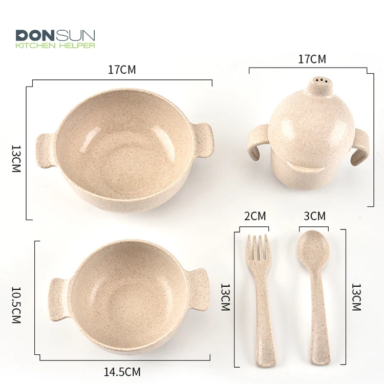
Wholesale Eco Friendly 5PCS unbreakable Baby Tableware Wheat Straw Kids Dinnerware Set 