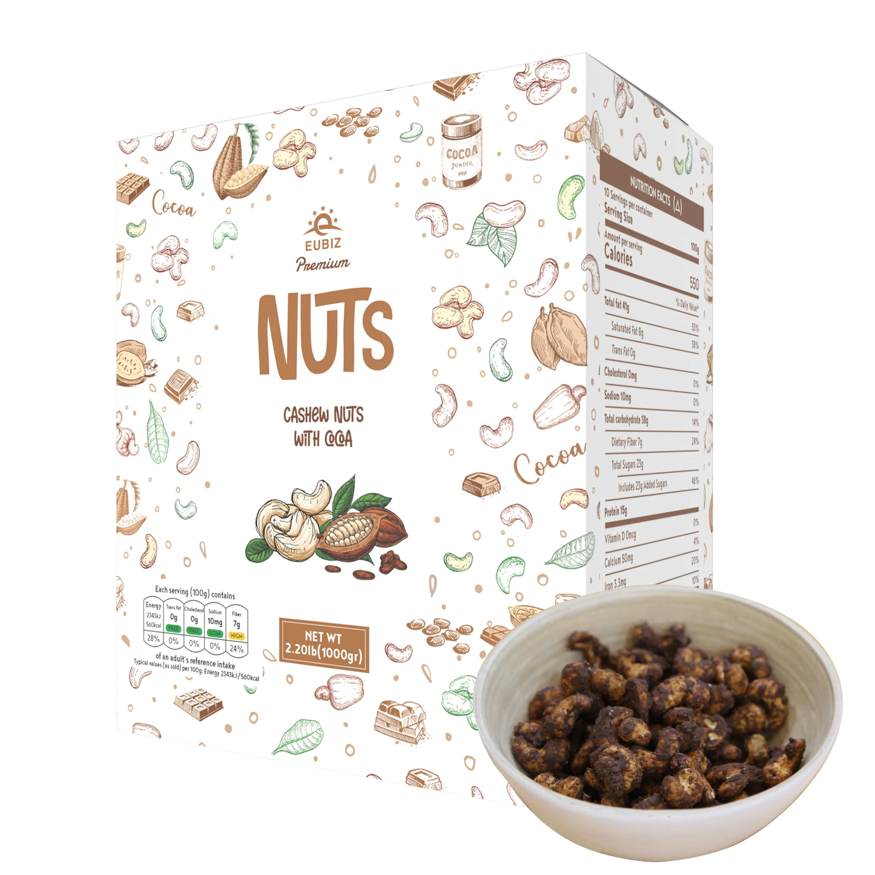 Whole Sale EUBIZ Cashew nuts Flavor Cocoa ( Cacao ) - High Quality Noix de cajou pure - Box (paper) 1000g (35.3 OZ) - VietNam