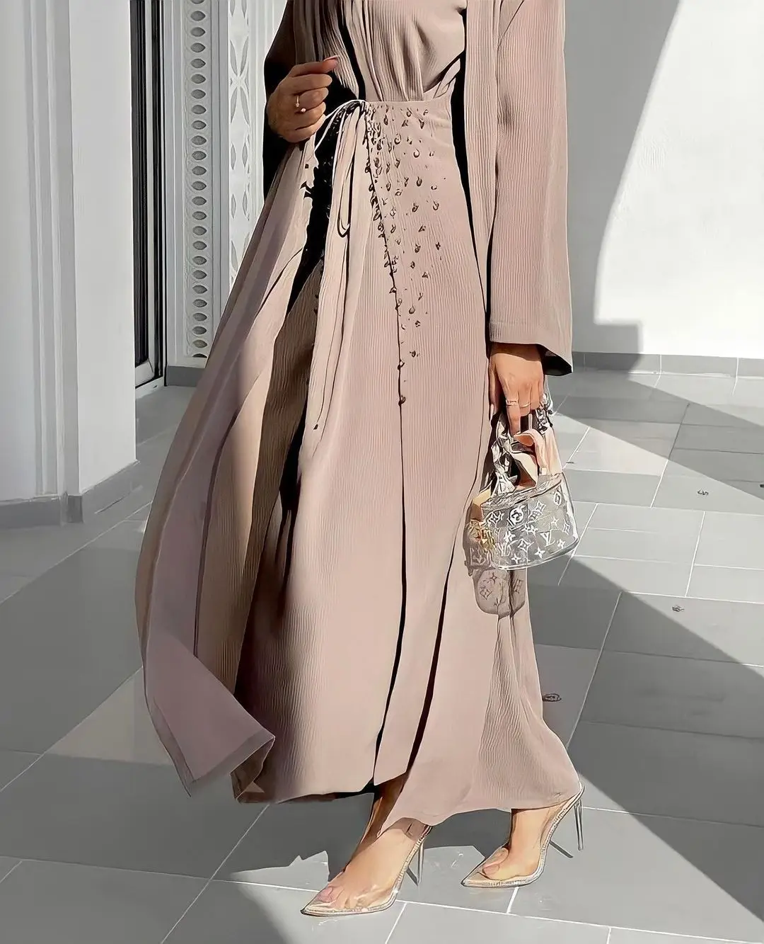 2022 New Women Fashion Muslim Suit 3 Piece Set with Long Sleeve Dress Wrap Skirt Kimono Open Robe with Rhinestones