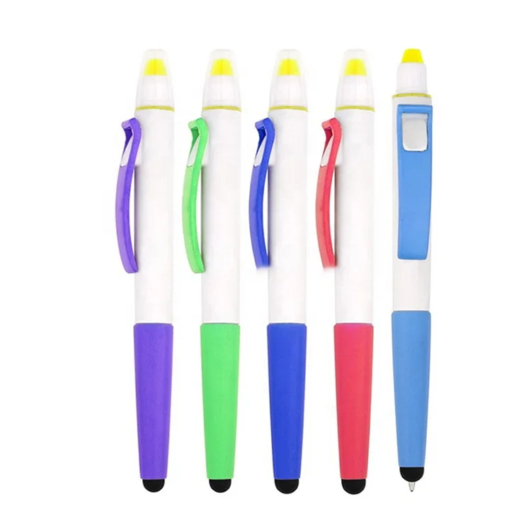 Multi-purpous high quality plastic stylus disposable ballpoint pen with highlighter