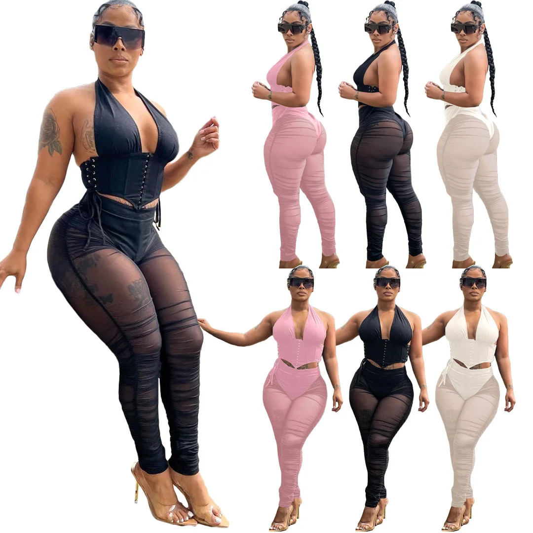 Europe and America Fashion Backless Mesh Trousers The New Cross Border Short Set 2 Piece Suit Women